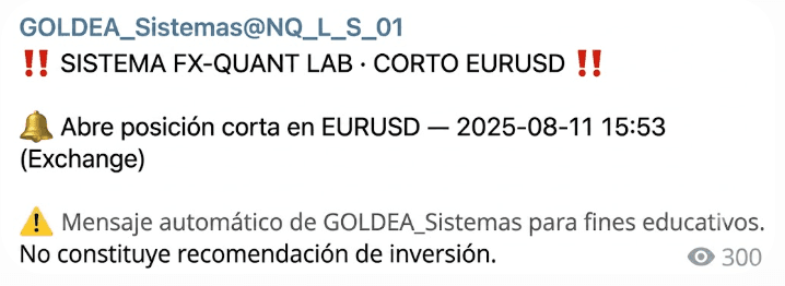 Ejemplo de aviso del sistema FX-Quant Lab: apertura de posición corta en EURUSD con fecha y hora exactas, sin precio ni volumen.